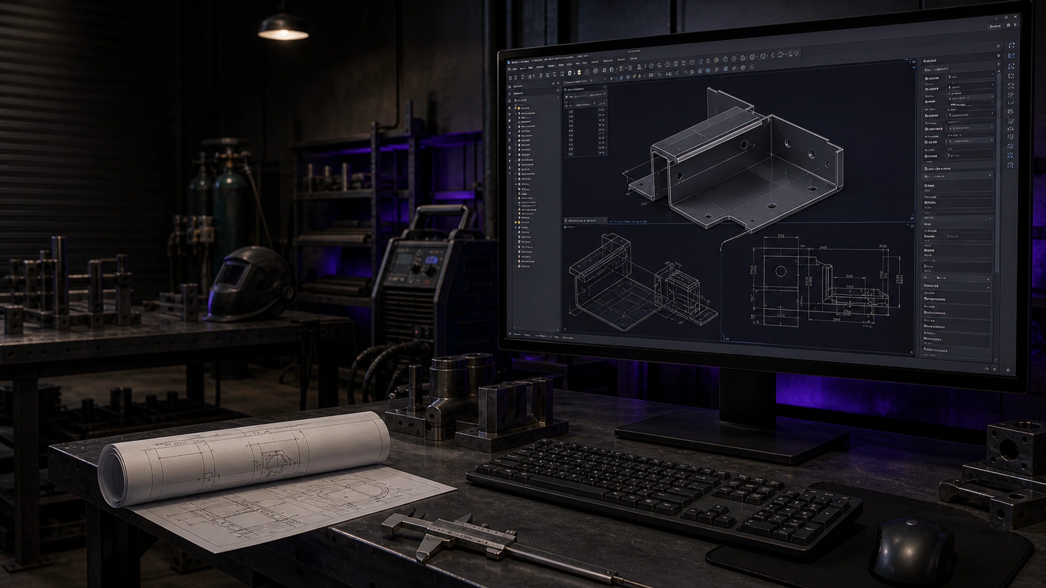 High-end CAD engineering workstation displaying a production-ready folded steel assembly