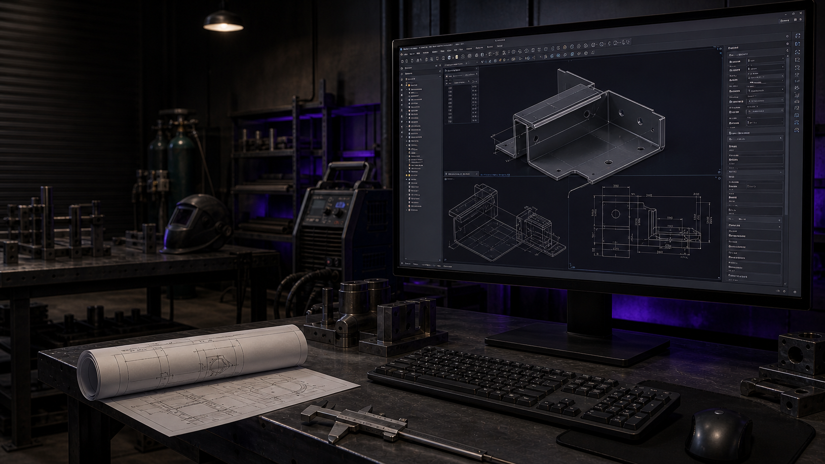 High-end CAD engineering workstation displaying a production-ready folded steel assembly