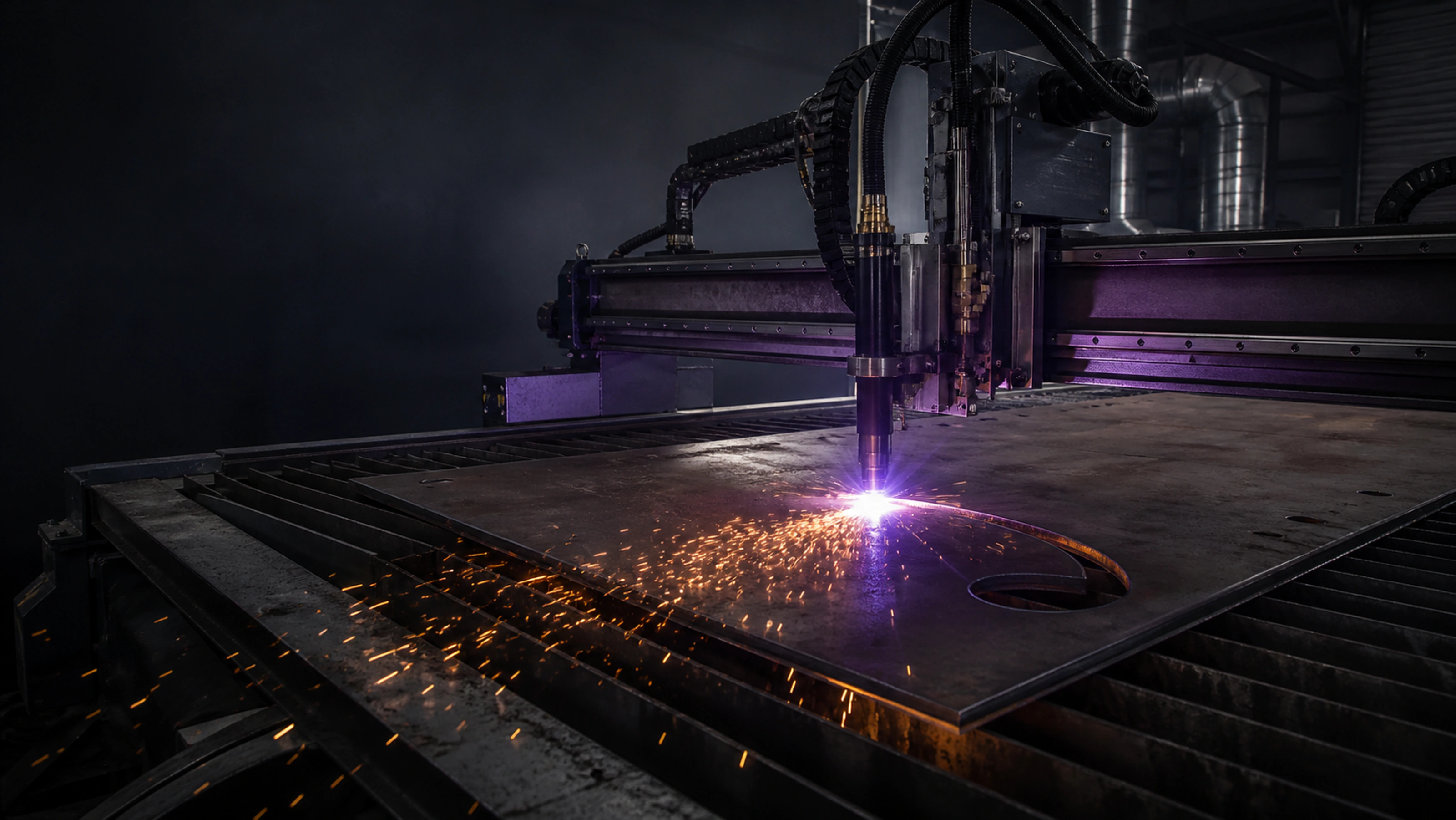 Low-angle view of an industrial CNC plasma cutter profiling thick steel plate with sparks ricocheting across the cutting bed
