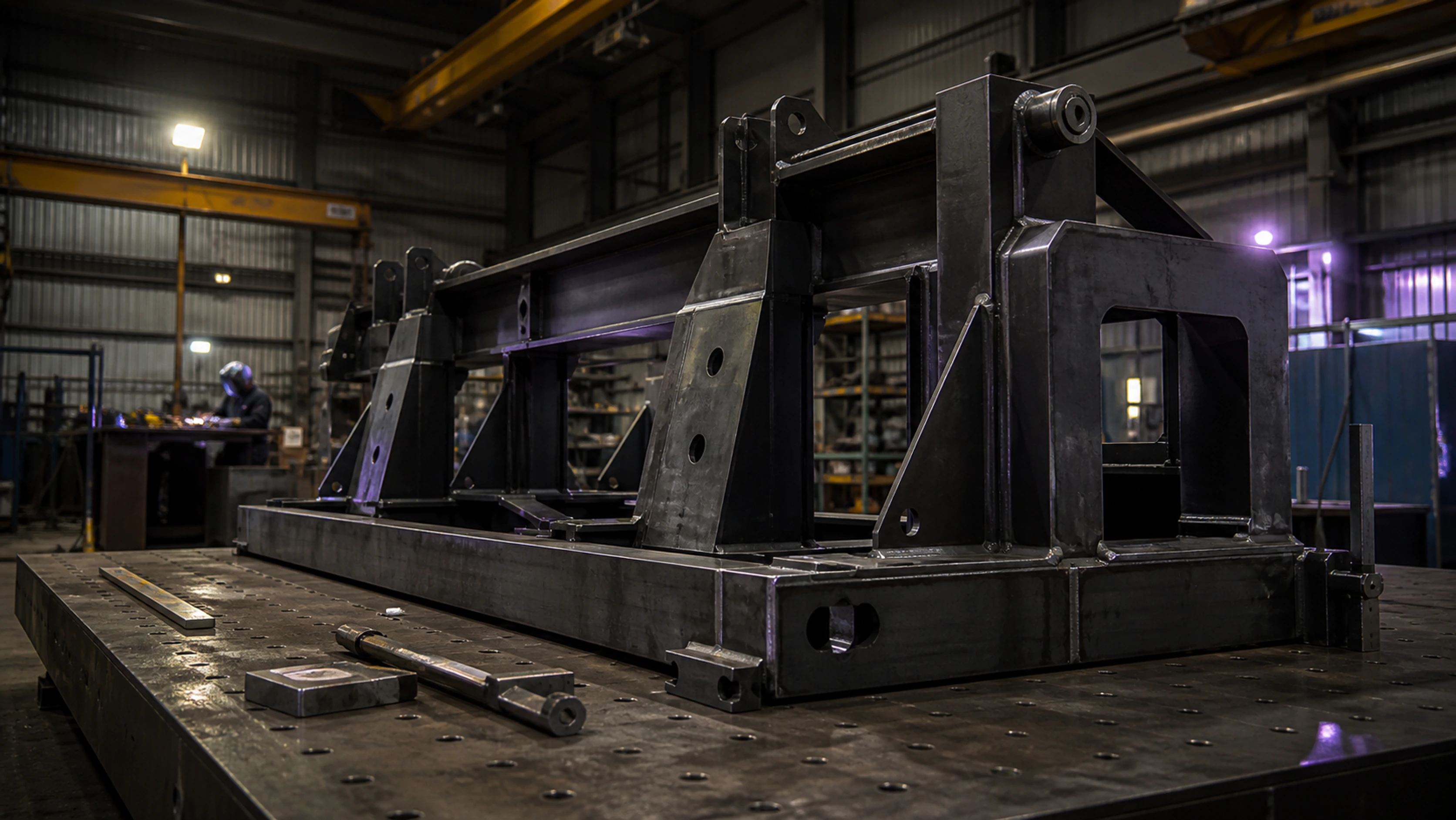 Precision fabricated structural steel frame in an Armored Pangolin workshop setting