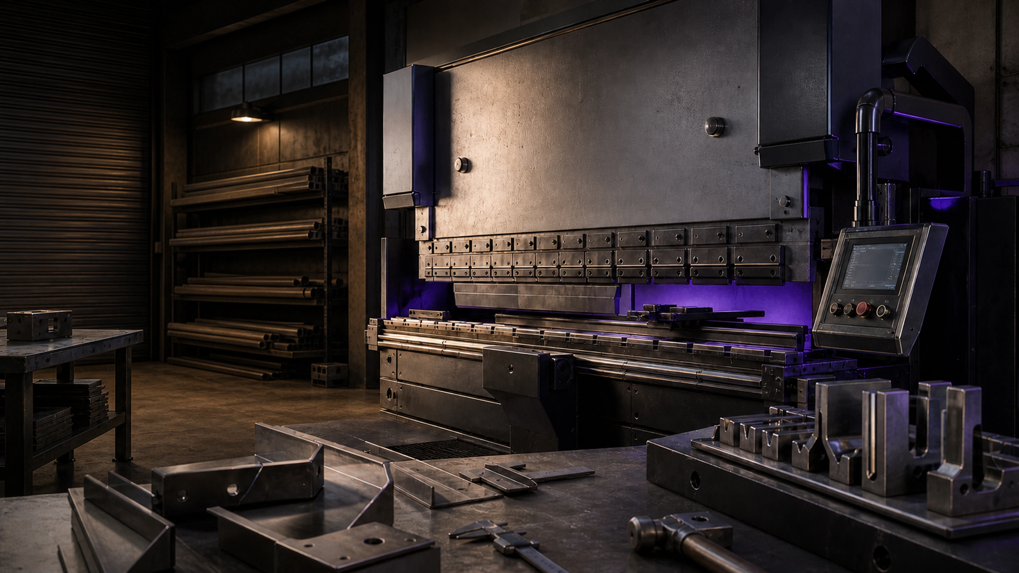 Industrial press brake and precision bending tooling inside a Swakopmund fabrication workshop
