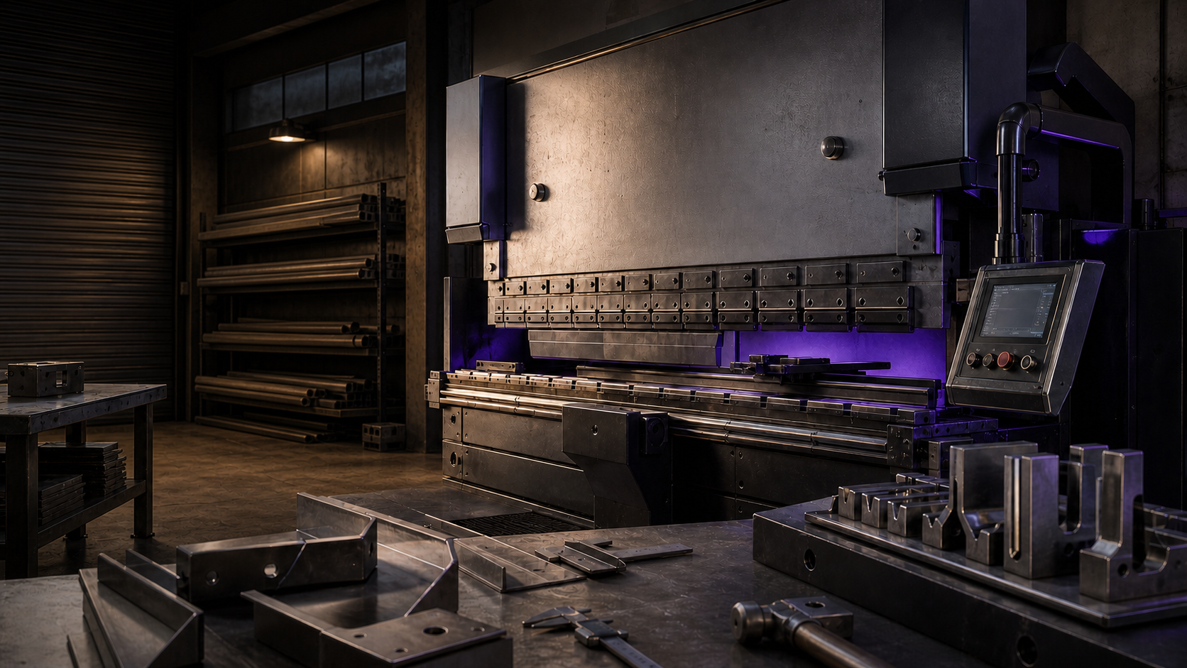 Industrial press brake and precision bending tooling inside a Swakopmund fabrication workshop