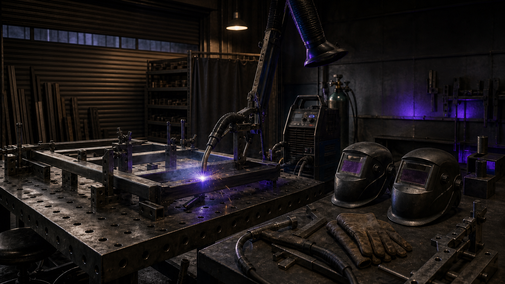 Close three-quarter view of a professional welding and fit-up bay inside a Swakopmund workshop