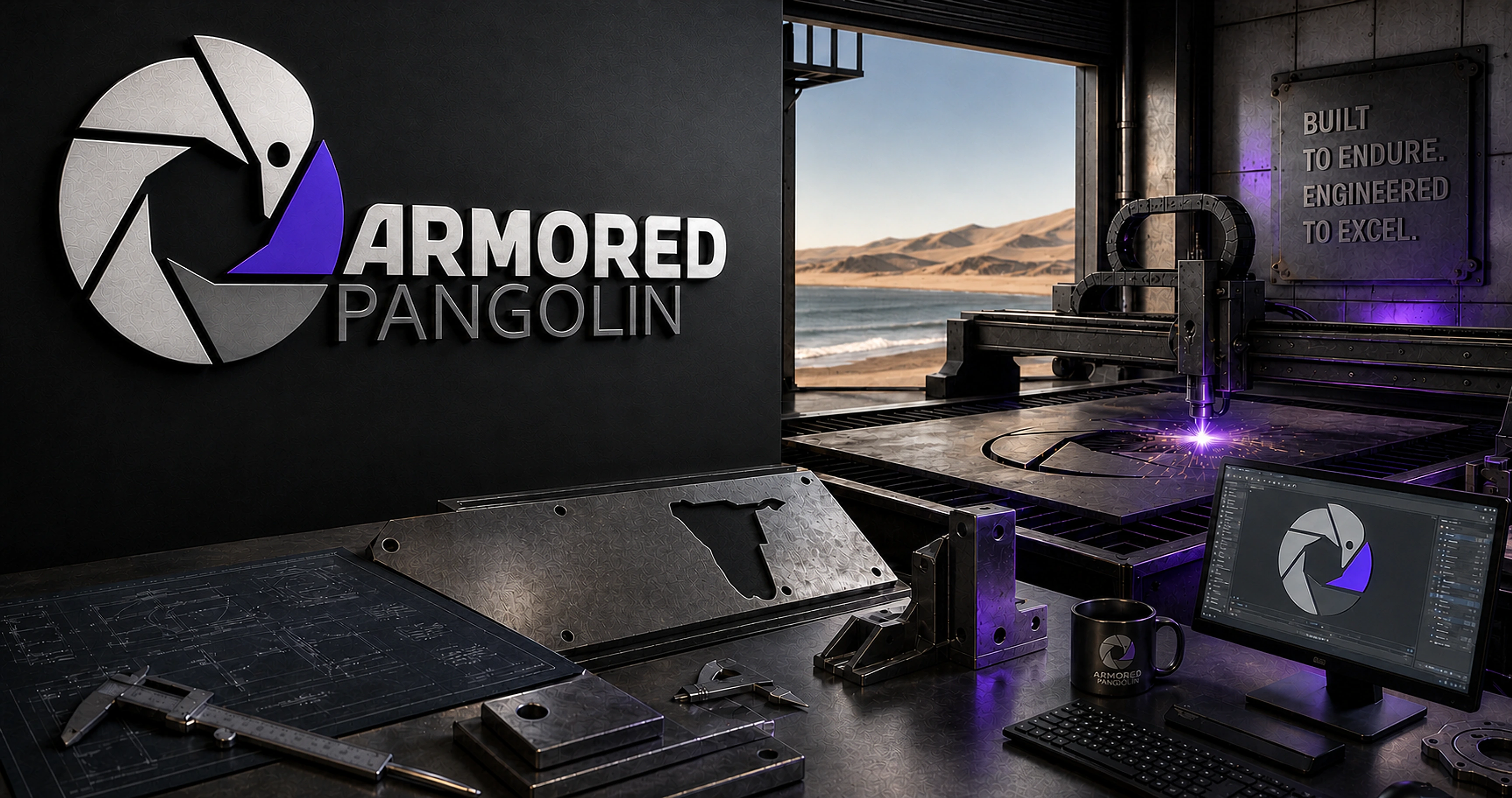 Armored Pangolin precision engineering workshop with a CNC plasma cutter, CAD station and the Namib coast
